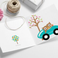 Ugle i bil - morsomt barnekort med konvolutt, ferdigtrykt eller print selv